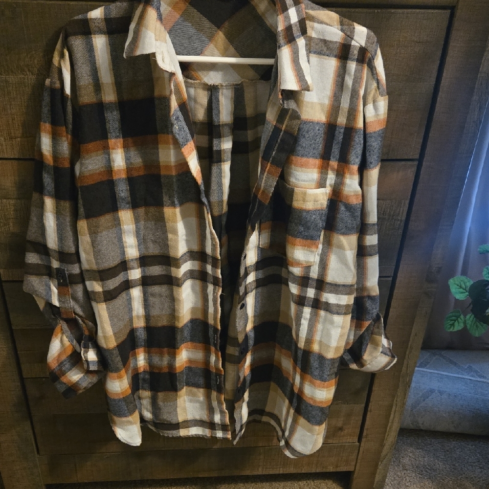 Vine & Love WomensCasual Plaid Shirt - Black, Brown, Orange